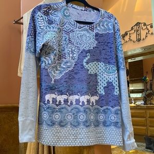 Sundance tee-shirt in shades of blue, aqua & white cotton. Whimsical elephants.